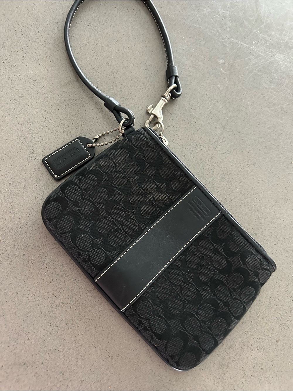 Coach Black Signature Zip Wristlet with Leather Trim
